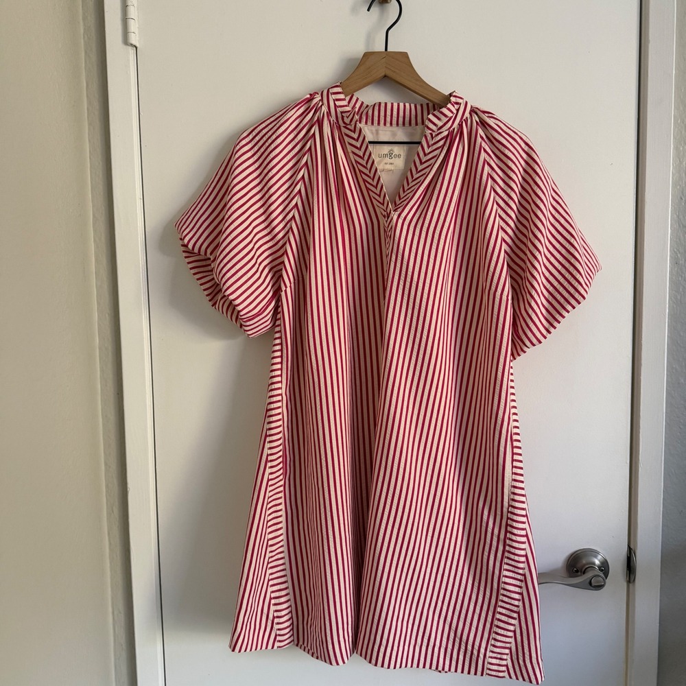 Umgee Red Cream Striped V-Neck Puff Sleeve Dress Pockets Whimsy Candy Cane